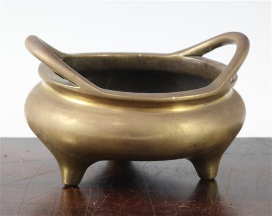 A Chinese bronze ding censer, Xuande six character mark, probably 17th/18th century, width 15cm